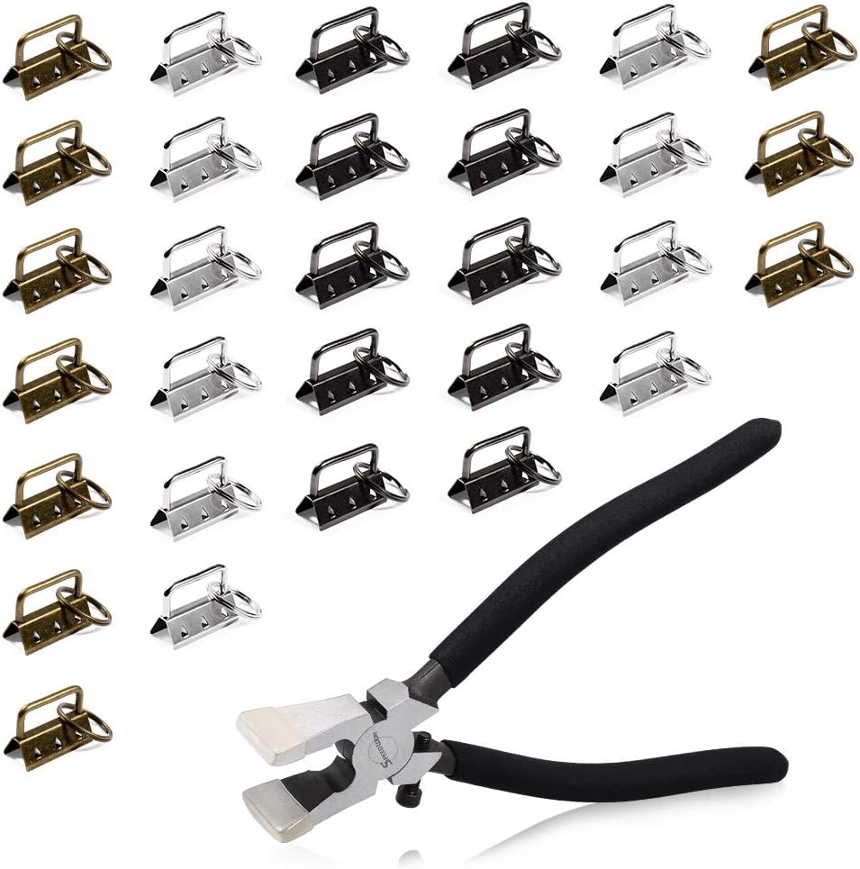 SPEEDWOX 30 Pieces 1.25 Inches Key Fob Hardware Set with Split Rings Glass Breaking Pliers Key Fob Pliers Tools with Rubber Tips Antique Black Antique Brass White Nickel Webbing Crafts Wristlet Set