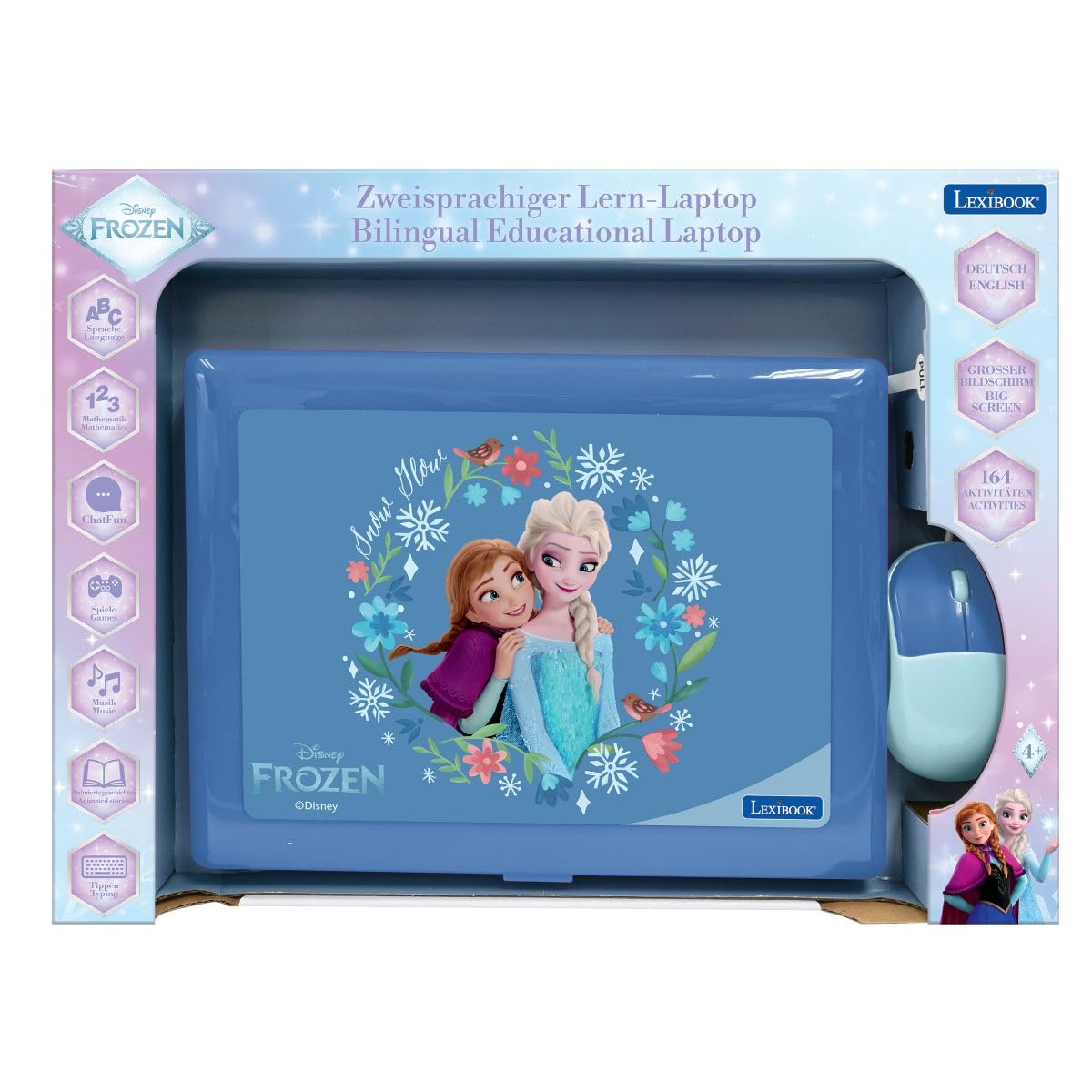 Lexibook, Frozen, dwujęzyczny laptop edukacyjny, angielski i niemiecki, 164 aktywności, matematyka, gry logiczne, tryb muzyczny, duży wyświetlacz LCD, niebieski, JC601FZi3LXB