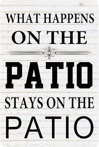 SMAZDFXX Funny Outdoor Pool Sign What Happens On The Patio Stays On The Patio Metal Signs For Home Decor Room Door Accessories Poster Cafes Bar Club Yard 12"x16"
