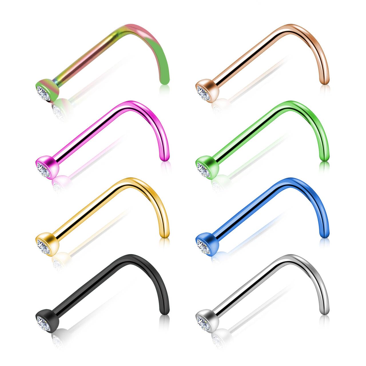 BOGKU 8pcs Nose Rings Titanium Nose Piercings Screw with Crystal Stone for Women 18G 20G Nose Rings StudsHypoallergenic Body Piercing Jewelry Set for