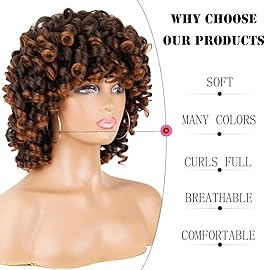 andromeda Curly Wigs for Black Women Brown Short Curly Wig with Bangs Soft Afro Kinky Curly Synthetic Wig for African American Women (T30)