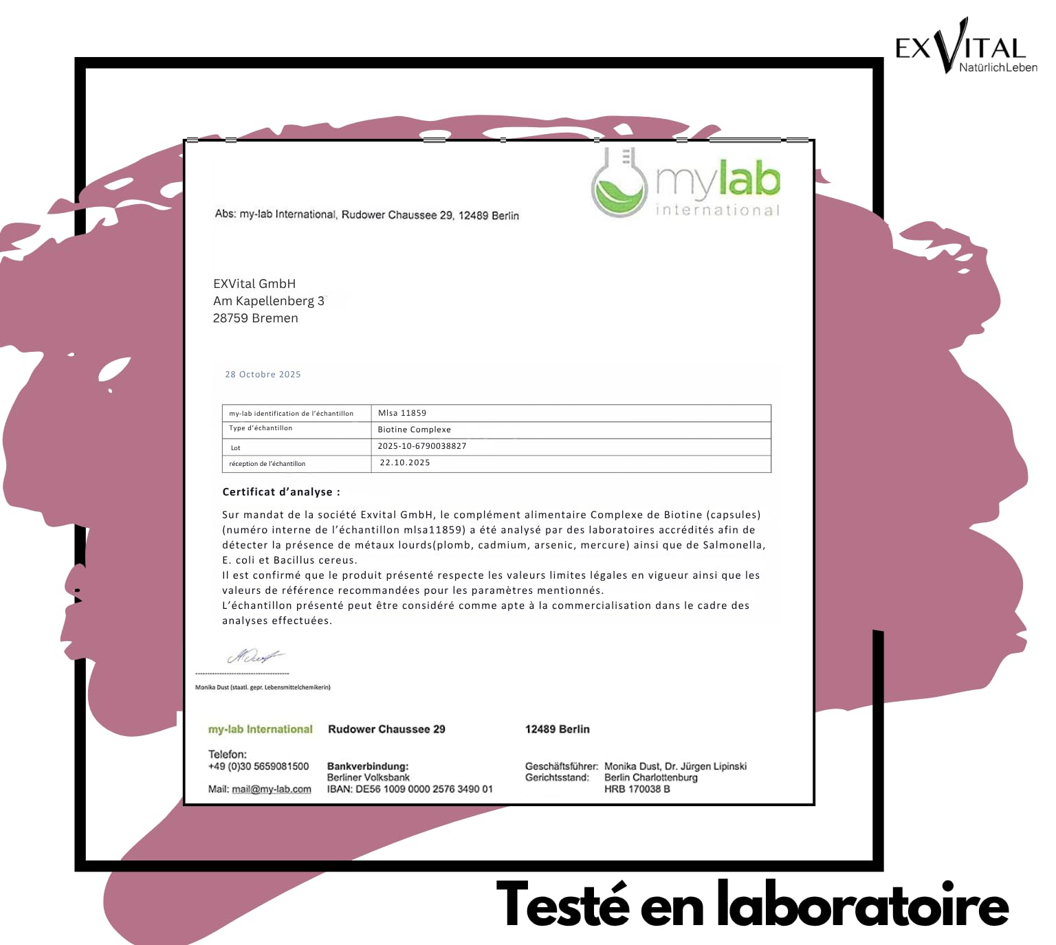 EXVital Biotine Complexe, Vitamines pour les cheveux, Avec extraits de palmier nain, de pépins de courge et de racine d’ortie, 240 capsules véganes, enrichies en sélénium et zinc, testé en laboratoire