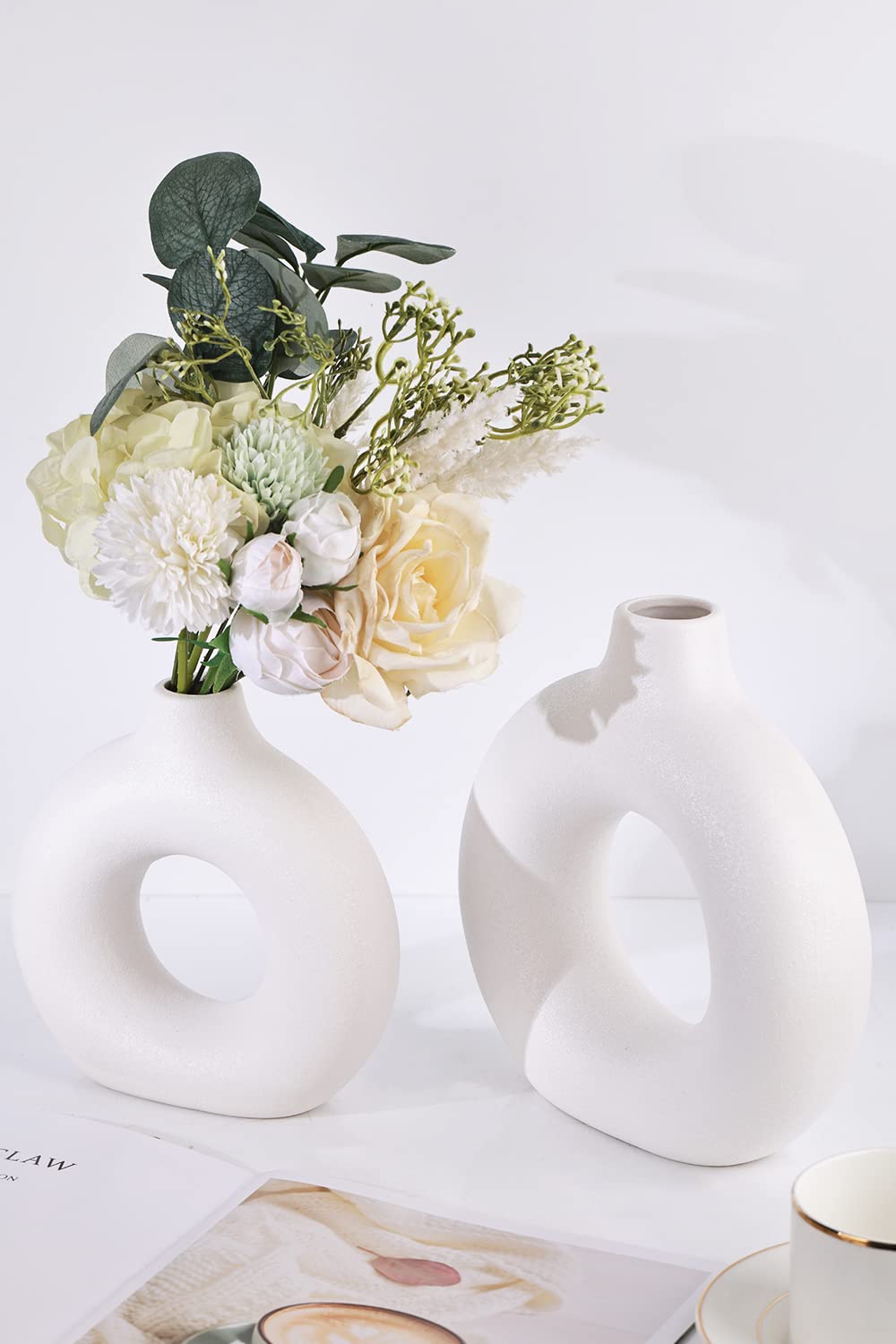 Keramik Vase - Set of 2 Weiße Blumenvasen aus Keramik für Wohnungsdeko Trockenblumen Deko Vasen für Pampasgras,Weiße Groß Vase für Pampasgras,Vase Kleine Mittelgroße,Keramik Zimmer Deko für Geschenk