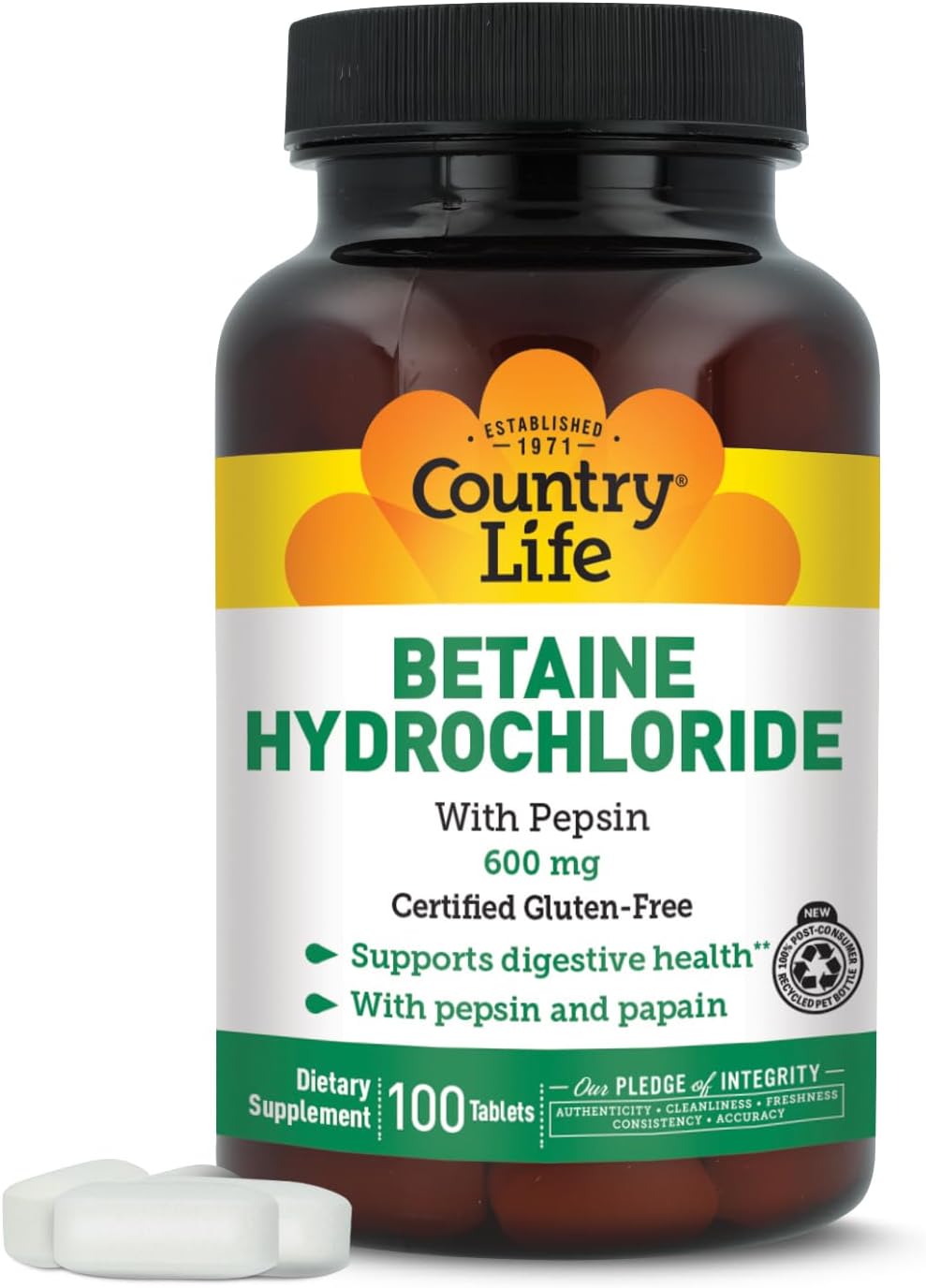 Country Life Betaine Hydrochloride with Pepsin, 600mg, 100 Tablets, Certified Gluten Free