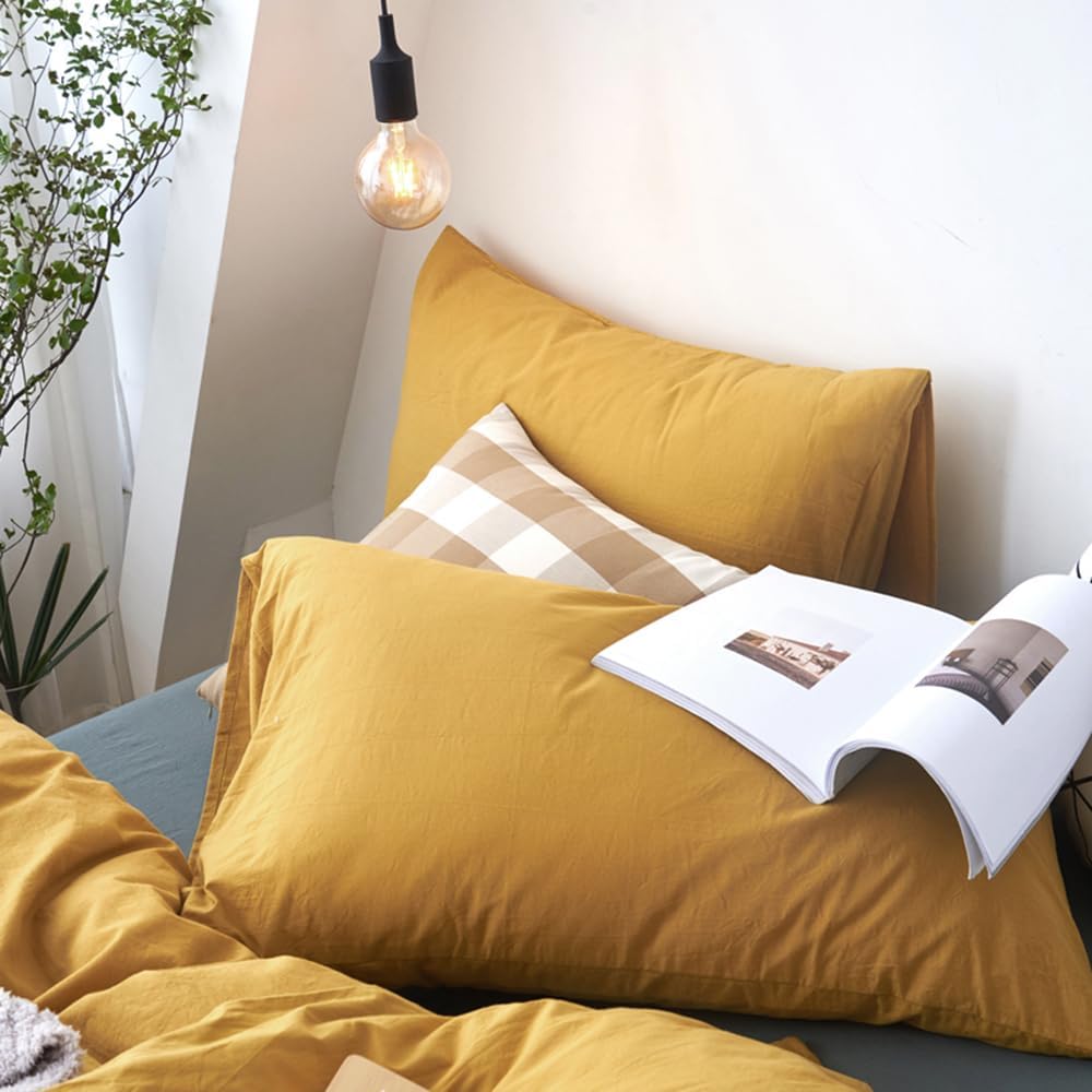 DONEUS Duvet Cover Set 100% Washed Cotton Linen Like Textured Breathable Durable Soft Comfy 3 Pieces Bedding Set with Zipper Closure, 1 Duvet Cover 104x90 Inches and 2 Pillow Shams(King, Yellow) - Image 9