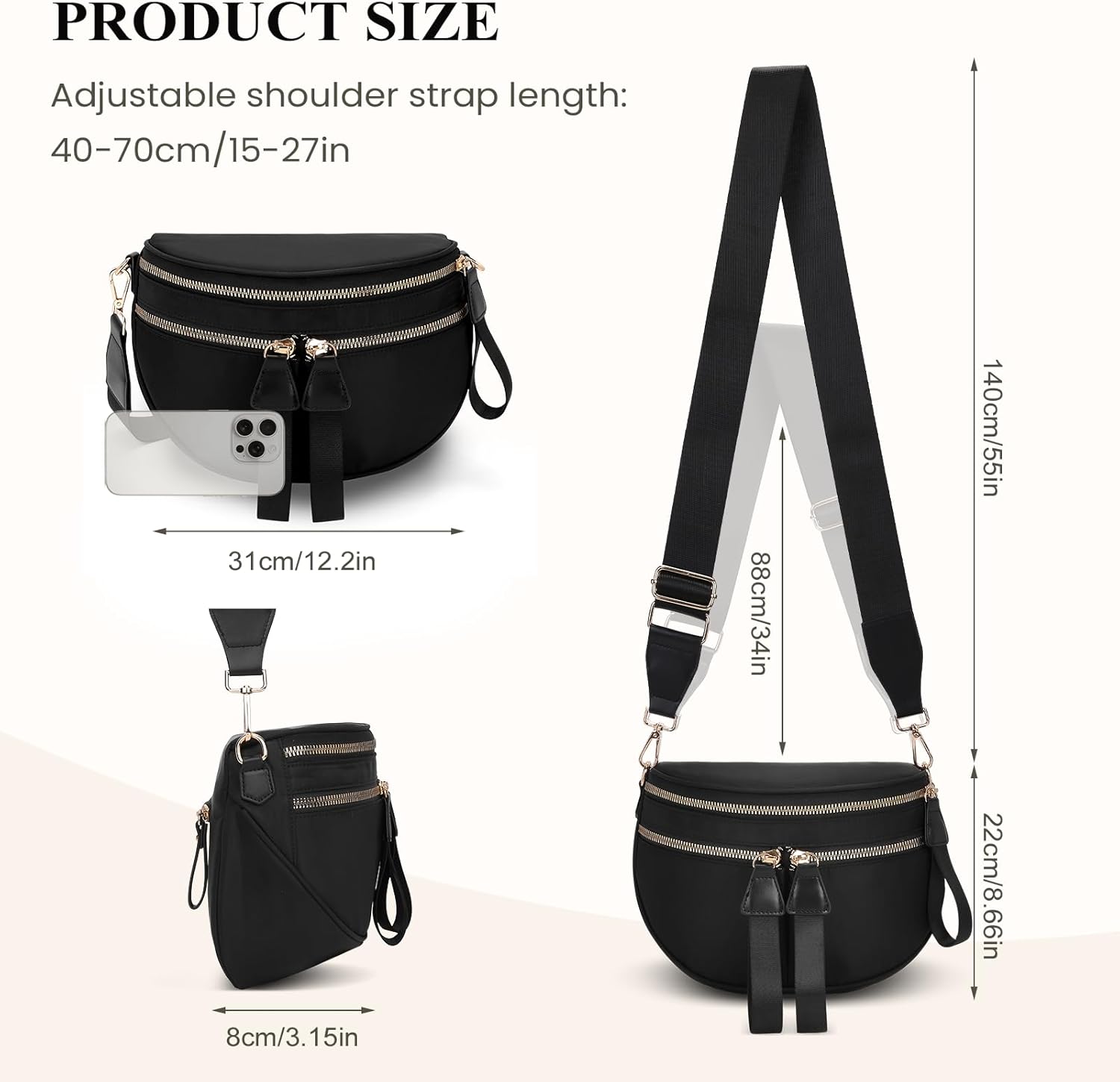 JQWYGB Solid Bum Bags Crossbody Double Pockets Nylon Bum Bag for Women Pure Color Fanny Pack Handbags Wallets Large Sling Belt Purse - Image 7