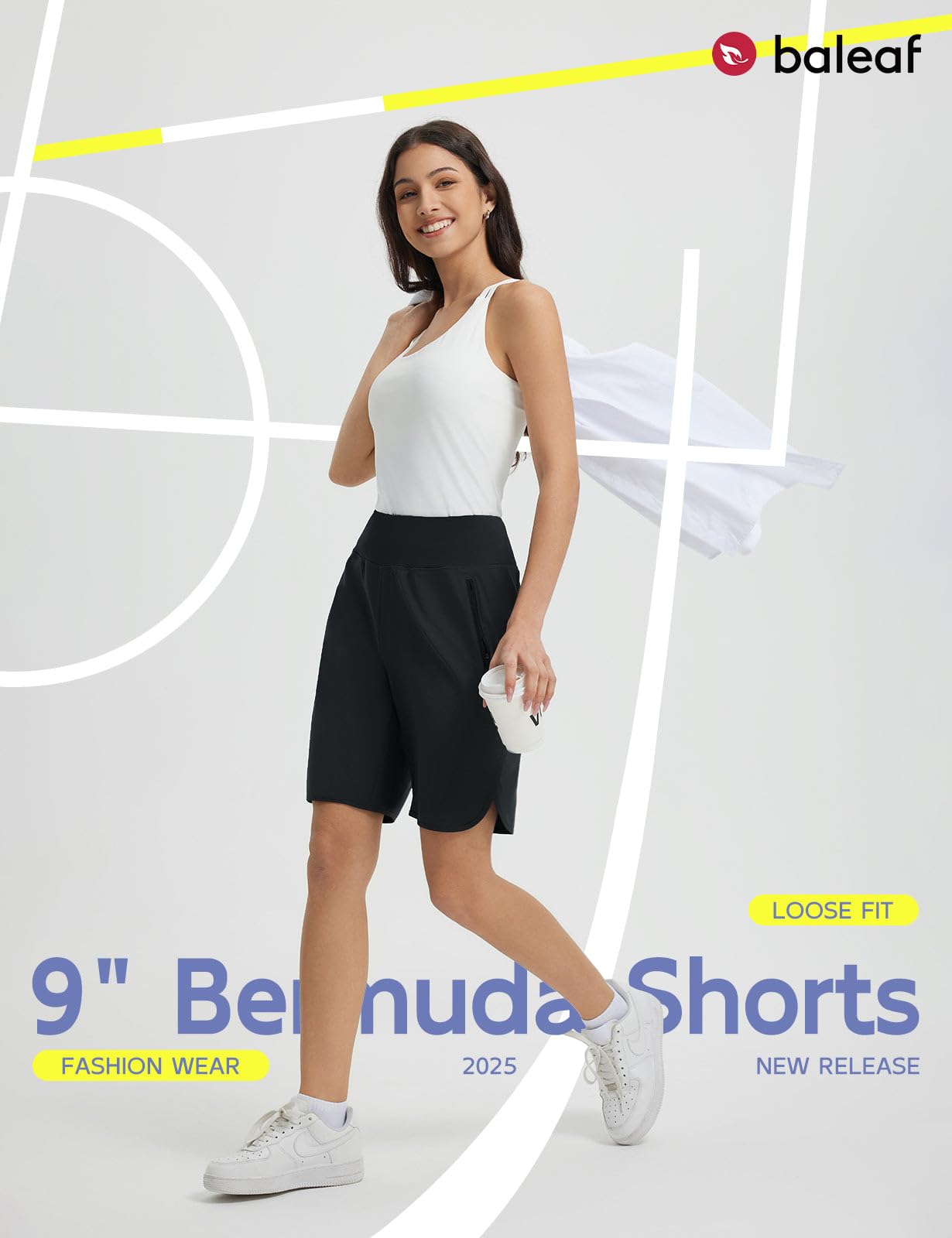 baleaf Damen 9" Sportshorts lang Laufhose kurz Runningshorts Quick Dry