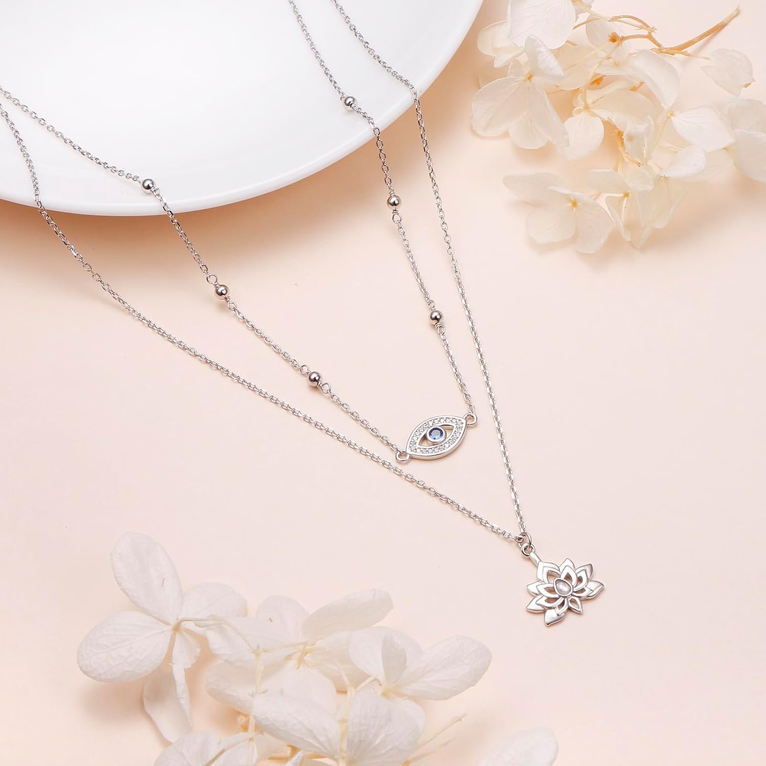 925 Sterling Silver Evil Eye Double Layered Necklace Adjustable Multilayer Long Chain Lotus Moonstone Pendant Necklace Jewelry Gift for Women - Image 3