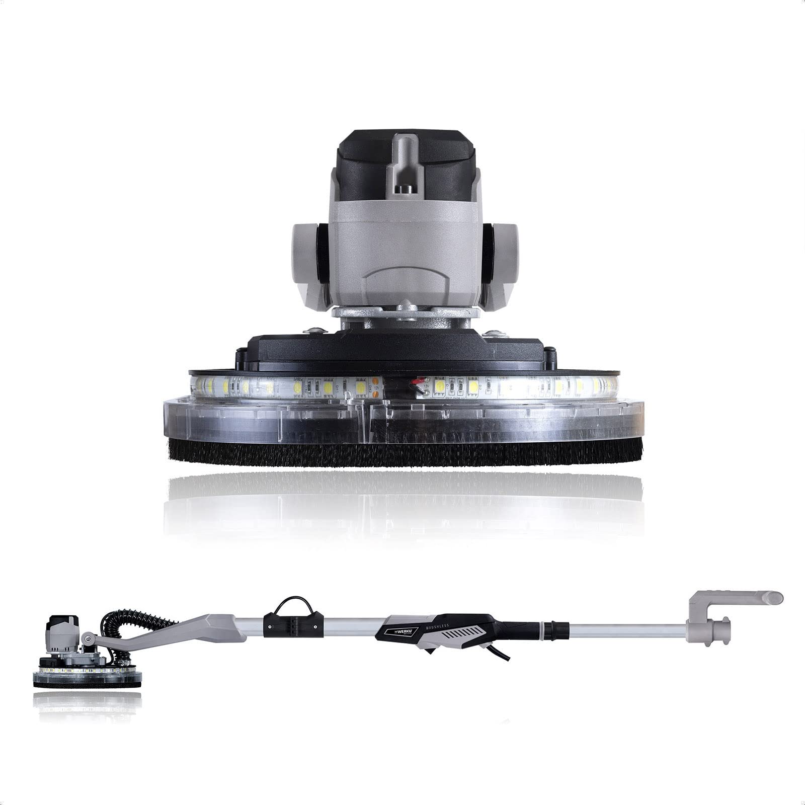 Werku WK403260 + 6 Lijas, Lijadora Circular Paredes-Techos Brushless, Calidad Profesional, Digital, Potencia 400 W, Disco 225 mm, Sistema Luz LED Visión, Incluye 6 Discos Lijado y Manguera Aspiración
