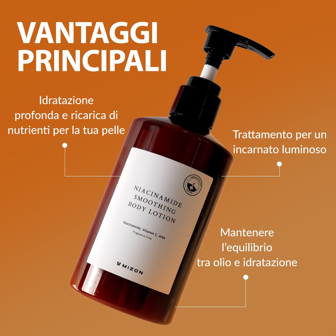 [Mizon] Lozione Corpo Levigante alla Niacinamide (300 ml) AHA, vitamina C, acido ialuronico, idratazione regolare, cura della pigmentazione, esfoliazione delicata (Niacinamide Smoothing Body Lotion)