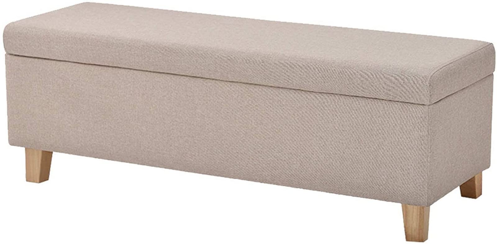 Banc ottoman coffre en lin beige pour masquer le désordre du salon avec élégance