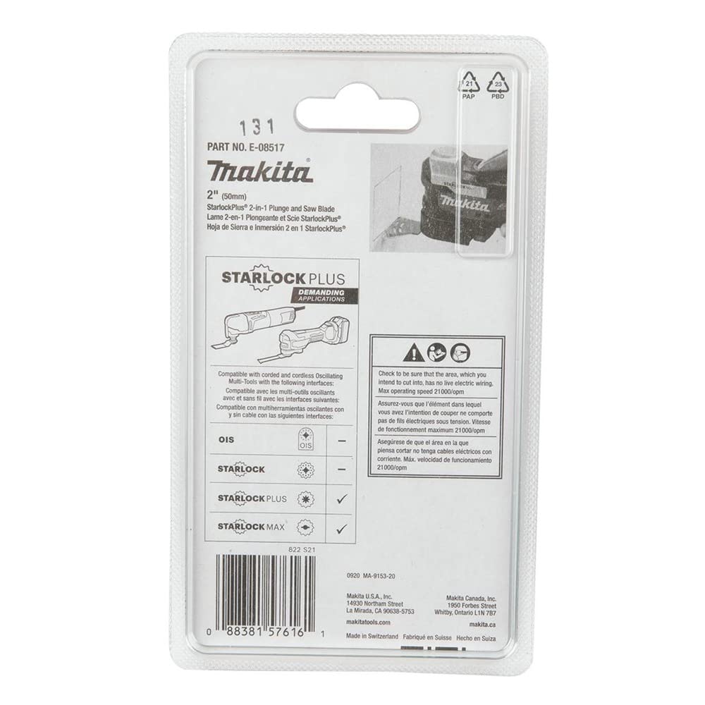 Makita E-08517 StarlockPlus® Multiherramienta oscilante 2 en 1 con borde recubierto de carburo de sierra de grano 40 y hoja abrasiva