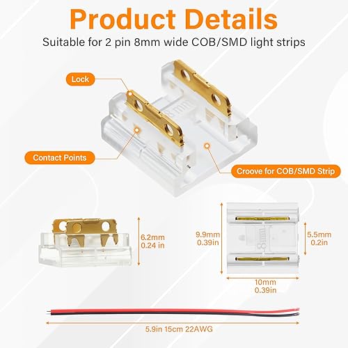 Miniatura 4 de 20 conectores de tira LED de alta calidad, transparente, sin soldadura, 2 pines, 0.315 in, conector de luz LED con 10 cables de 5.9 pulgadas, para