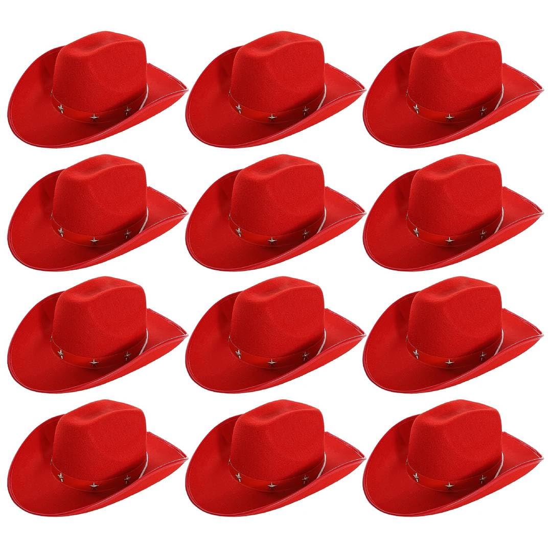 Adults Star Studded Cowboy Hat - Pack of 12 - Red Felt Western Style Hat with Decorative Star Studs - Classic Wild West Fancy Dress Costume Accessory for Parties Festivals Cosplay Cowgirl Events