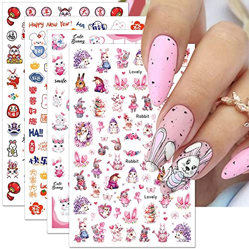 Cartoon Rabbit Nail Art Stickers, Cute Bunny Nail Stickers For Girls Easter Rabbits Stickers Kids Bunny Nail Decals Rabbit Nail Sticker Women Nail Accessories Diy Manicure Decor Nail Supplies,8Pcs/Set #TOP10