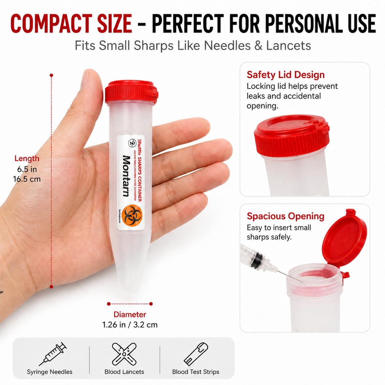 Travel Sharps Container, 6 Pack Red Small Needle Disposal Containers with Locking Lid, Portable Single Use Sharps Disposal for Syringes Lancets Pen Needles, Home & Travel
