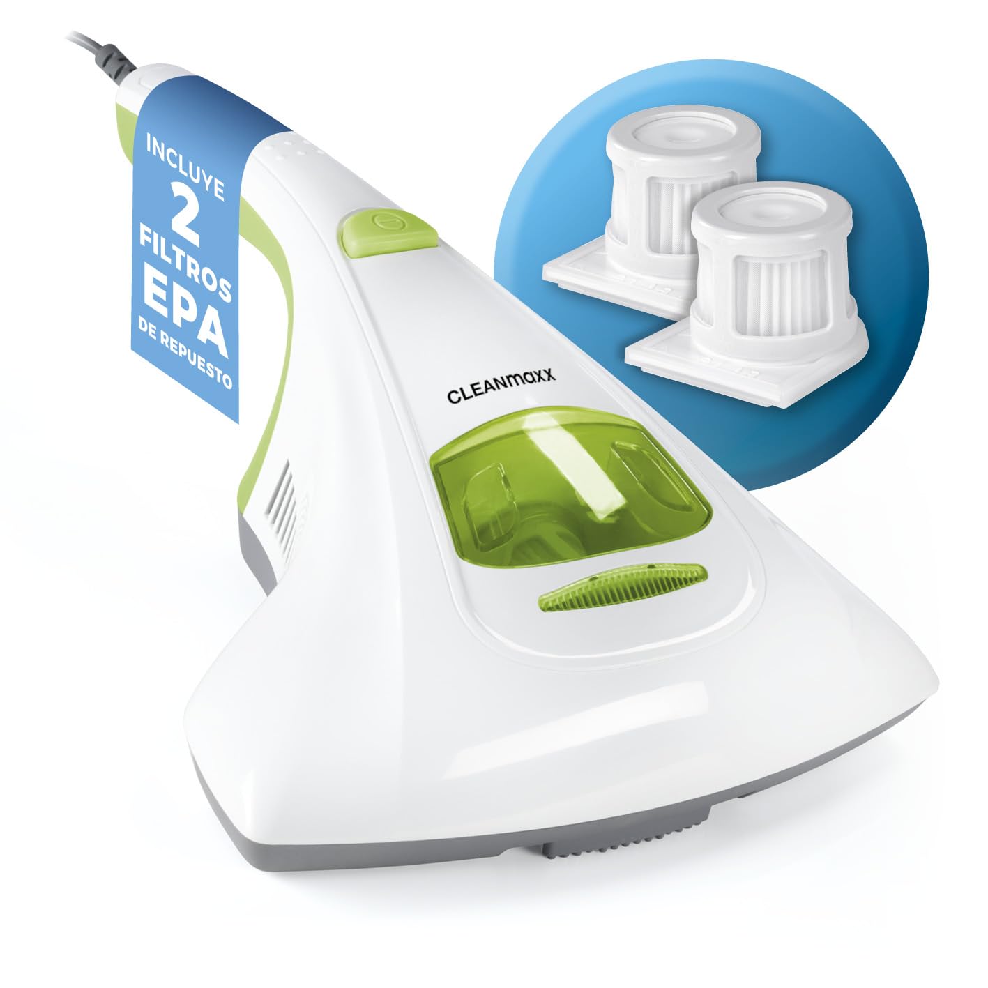 CLEANmaxx Aspirador Manual de ácaros | Limpiador de colchones con Potente succión, esteriliza Las Superficies con luz UV-C | 300Watt [Destruye hasta el 99,9% de Todos los ácaros]