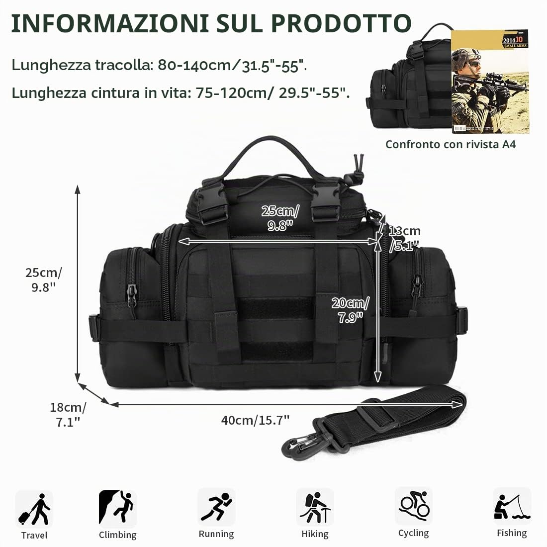 Huntvp Tattico Marsupio Grande Uomo Multifunzione Borsa a Tracolla Militare Molle per Sport Lavoro Outdoor Campeggio Escursione Ciclismo Trekking, Nero