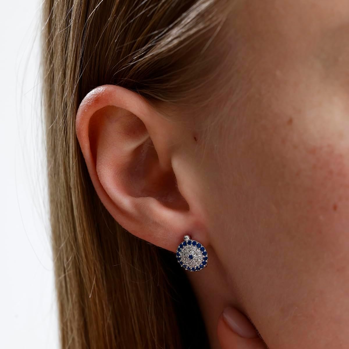 925 Sterling Silver Evil Eye Clip Earrings | Blue Zircon Circle Design for Protection | Women’s Rhodium Jewelry Gift - Image 3