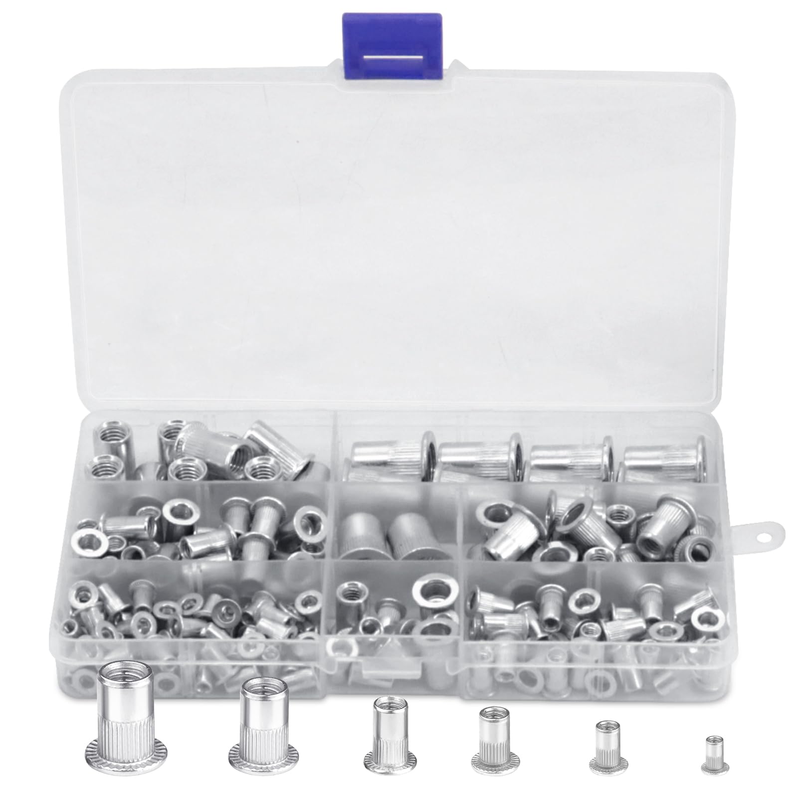 Yuhtech 165 Pcs Aluminum Rivet Nut Flat, Head Threaded Insert Nutsert, Nutsert Rivnut Assortment Kit M3 M4 M5 M6 M8 M10