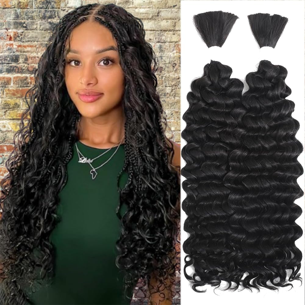 Human Braiding Hair for Boho Braids 100% virgin Human Hair 110g 18 Inch Curly Knotless 12A Deep Wave Bulk Bohemian Braiding Hair for 2 Bundles/Pack Extensions(1B-Natural Black-Deep, 18Inch)
