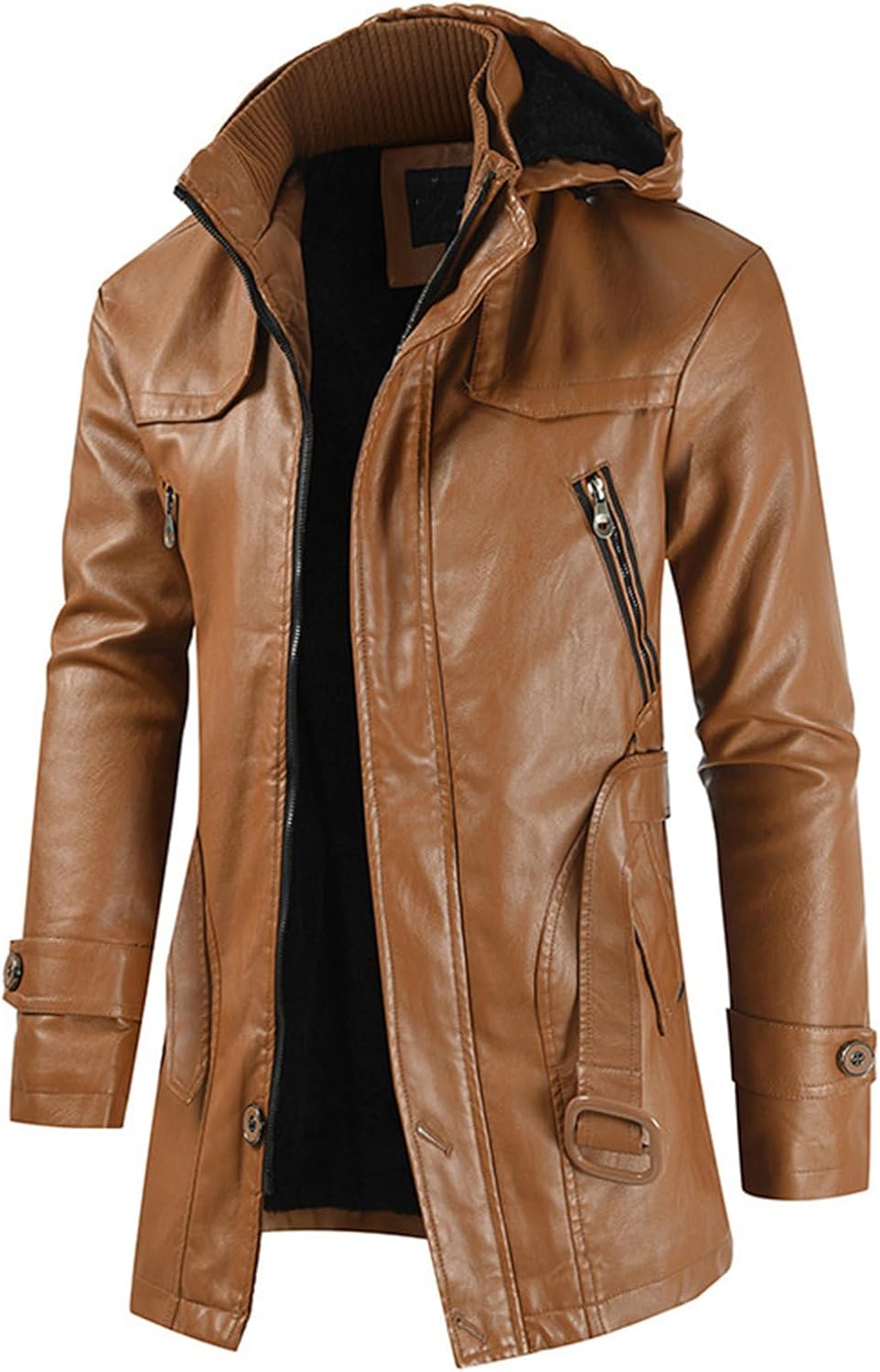 Men's Belt Hooded Leather Biker Jacket Mid Length Motorcycle Bomber Jacket Fall Winter Windproof Trench Coats