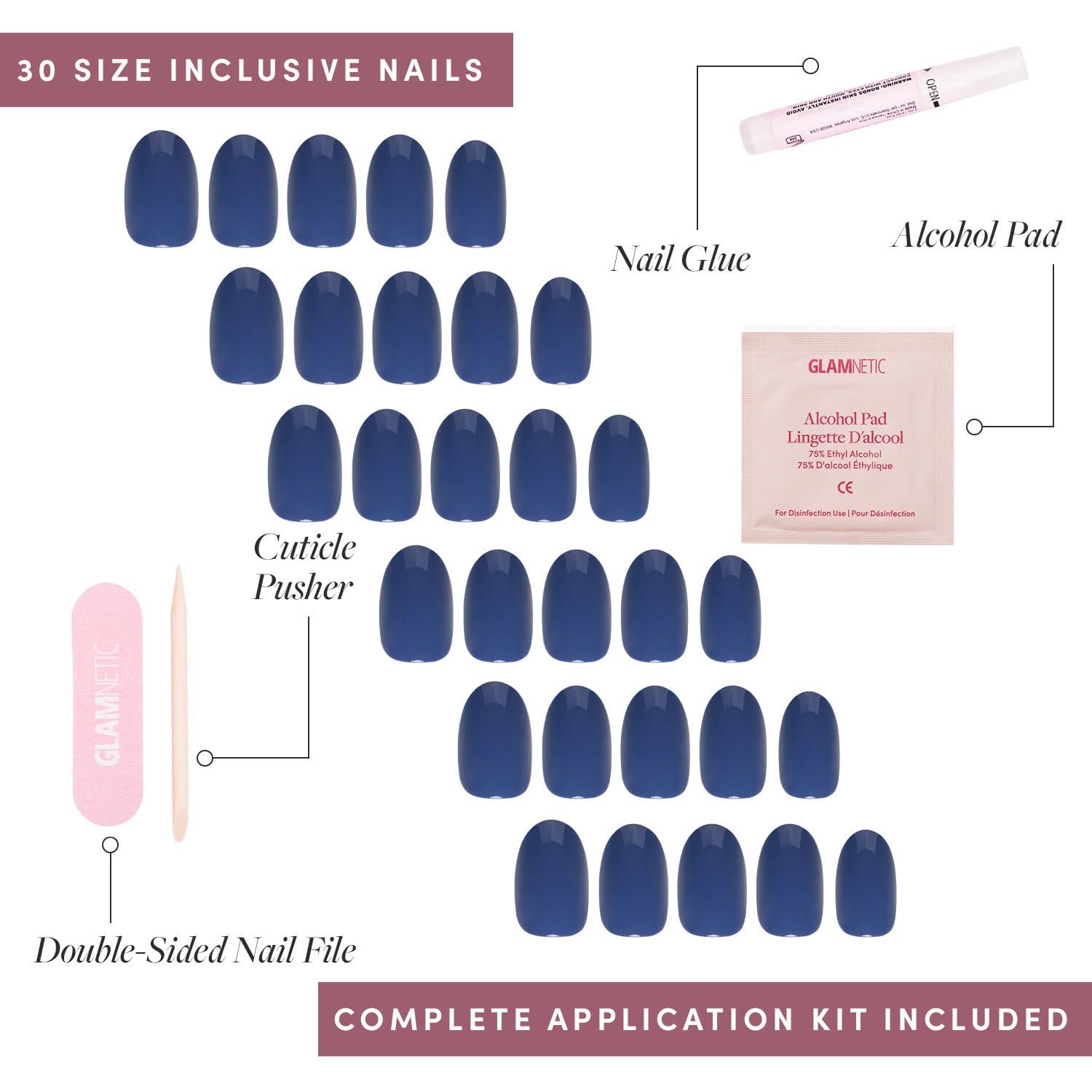 Glamnetic Press-On Nails - Regal Blue | Super Strong Brush On Nail Glue & Press-On Nail Remover | Opaque Dark, Moody Blue Short Round False Nails | 12 Sizes - 30 Nail Kit with Glue and Remover
