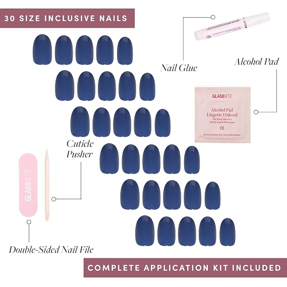 Glamnetic Press On Nails - Regal Blue | Opaque Dark, Moody Blue Short Round Fake Nails, Salon Quality | 12 Sizes - 30 Nail Kit