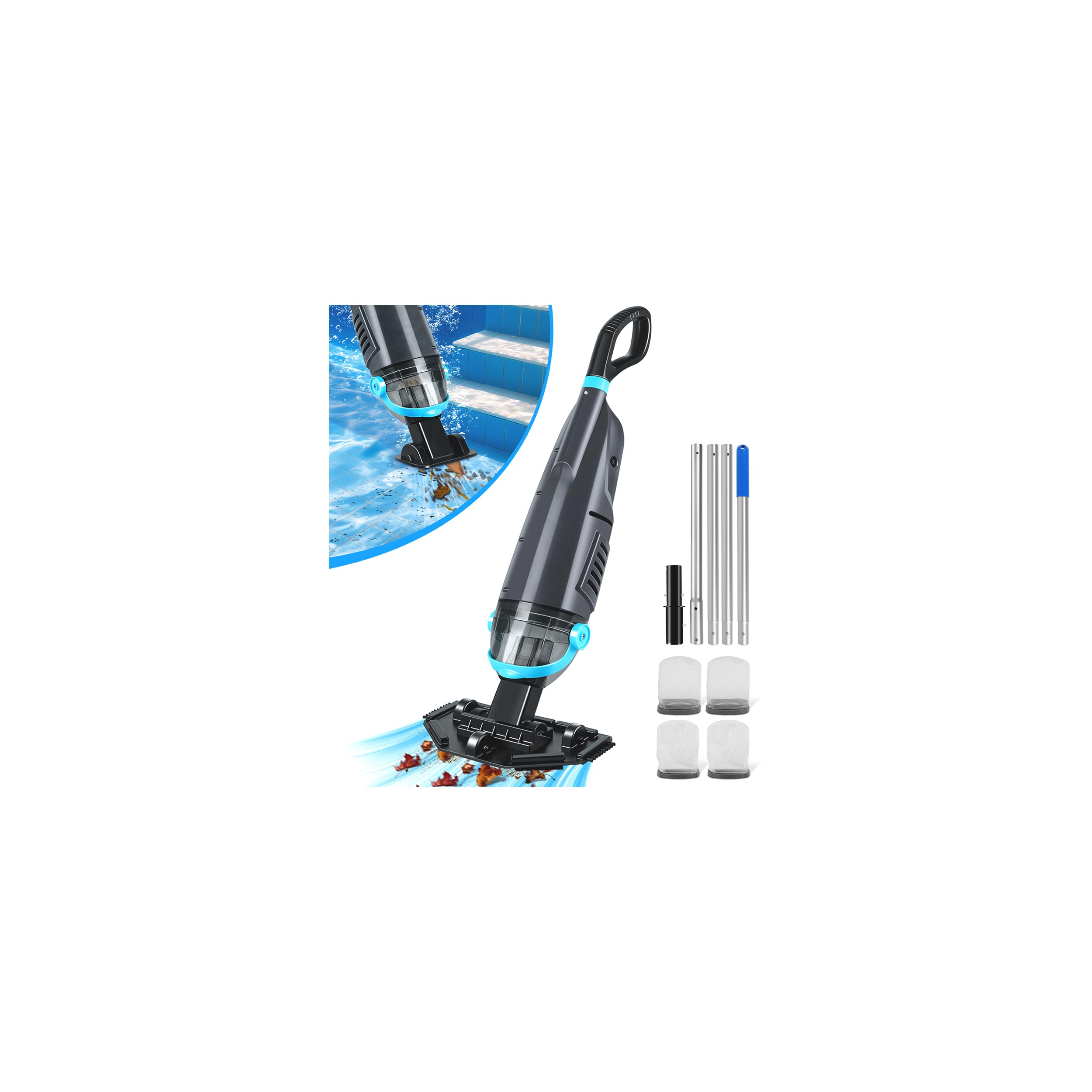 Cordless Handheld Pool Vacuum Cleaner with 4 Filter Bags, Suitable for Ultra-fine Impurity Filtration | Dual Brush Heads + Aluminum Poles | 20.5 GPM Suction -Powerful Spa Vacuum for Hot Tub