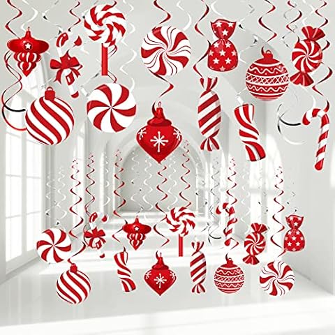 Funrous 56 Pcs Christmas Peppermint Candy Hanging Swirls Decorations Red and White Holiday Party Streamers for Home Winter Holiday Christmas Party Decor(Red White) Cover