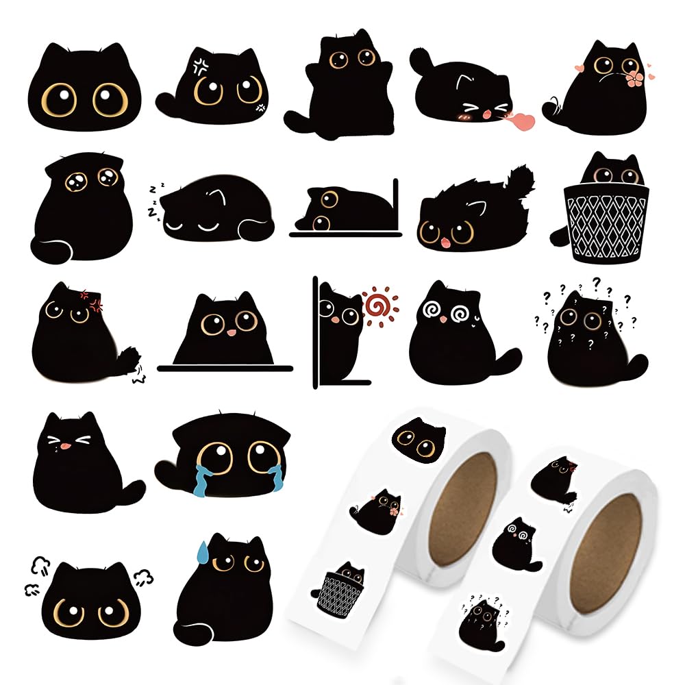 Photo 1 of 1000 Pcs Black Cats Decor Stickers Bulk 2 Roll 1 Inch,Cute Animal Sticker Pack Book Water Bottles Laptop,Cartoon Cat Meme Stickers for Boys Girls
