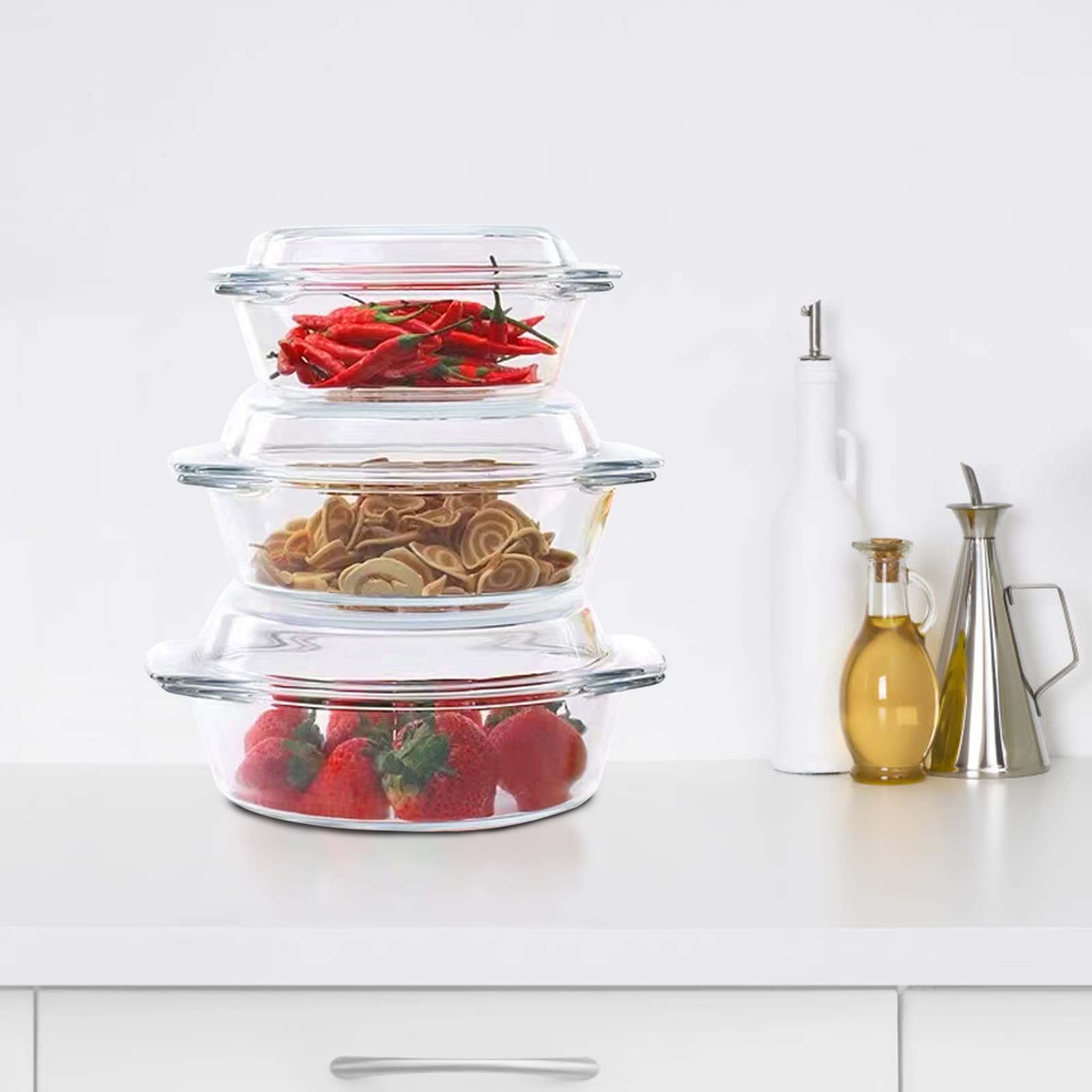 Set di 6 Pezzi Casseruola Tonda in Vetro Con Coperchio, 1L+1.5L+1.8L Temperato Teglia da Forno per Forno, Congelatore e Lavabile in Lavastoviglie