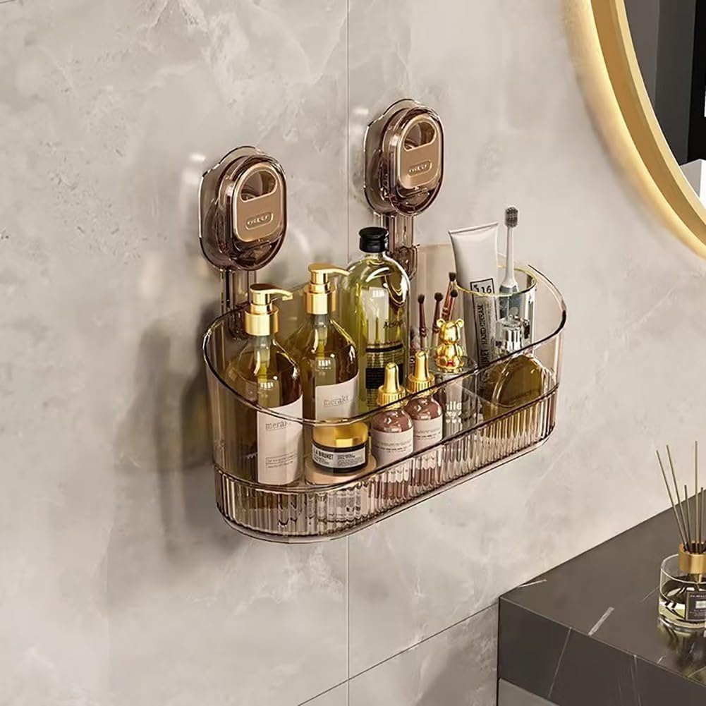 No-Drill Bathroom Suction Storage Box Shelf Rack Gold Shower Caddy Suction Cup Wall Mount Organizer with Drain Holes