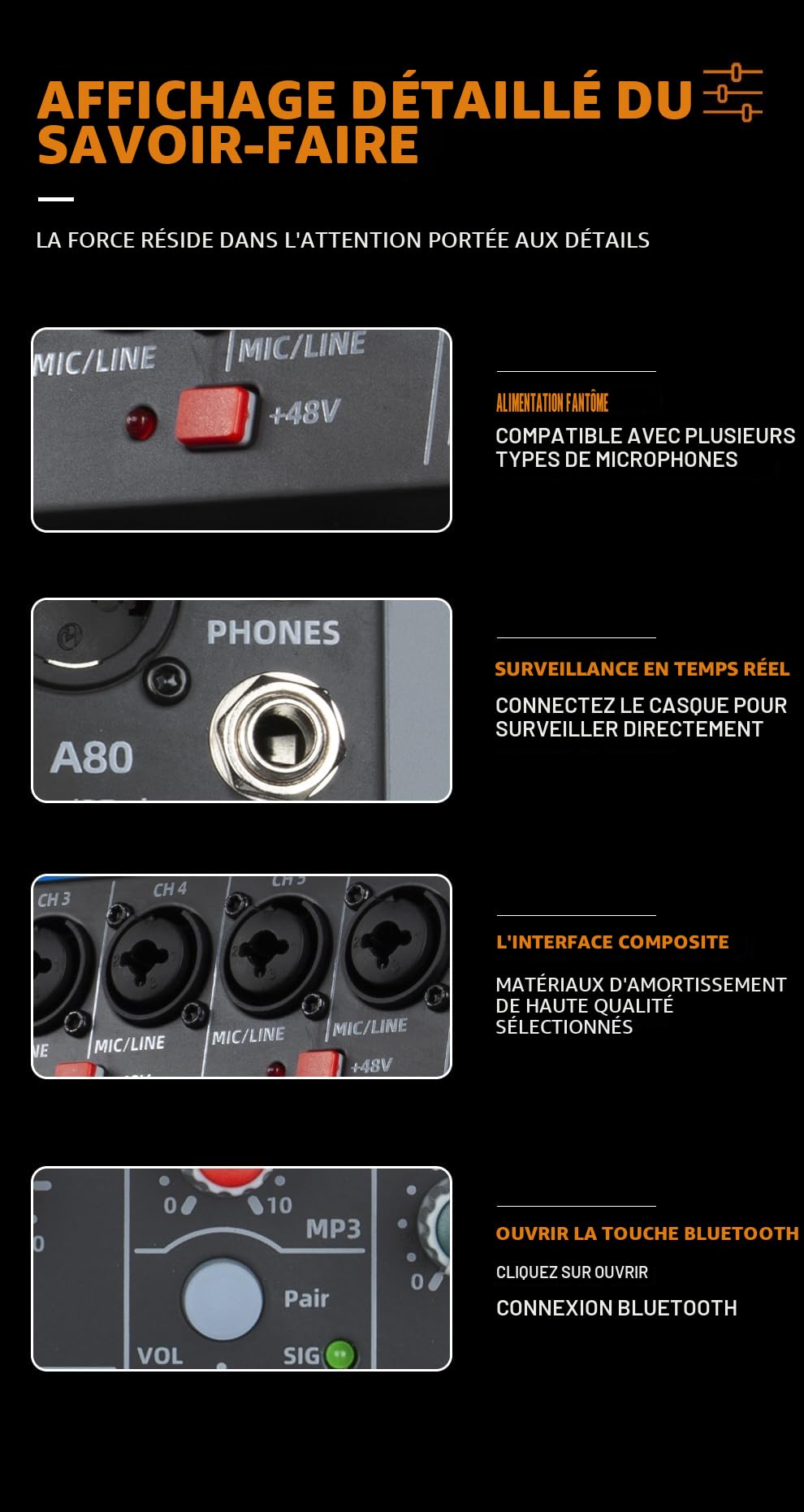 Table de mixage professionnelle A-Series pour enregistrement de musique de karaoké DJ avec clé USB pour entrée d'enregistrement d'ordinateur, prise microphone XLR, puissance 48 V, sortie RCA