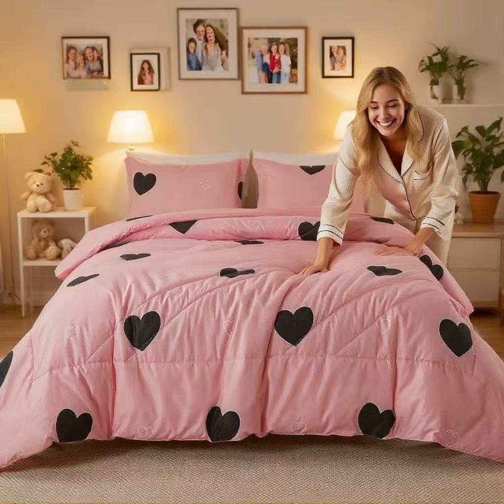 Caressma Girls Pink Comforter Set Twin Size - Blush Pink Cute Love Heart Print Comforter Bedding Set for All Seasons, Geometric Soft Microfiber Comforter Set with Pillowsham - Image 2