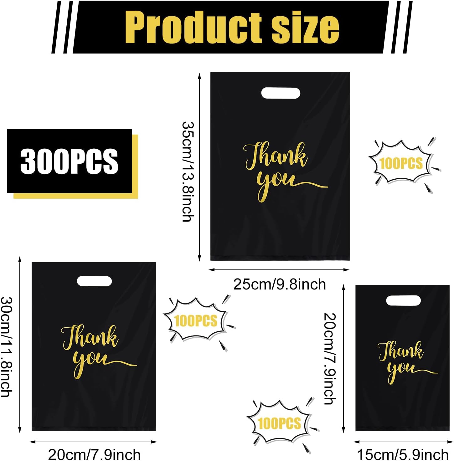 300 PCS Thank You Bags with Handle Black Sale Bag for Small Business Clothes Boutique Gift, 3 Sizes Plastic Retail Grocery Shopping Bags, Reusable Goodie Bag Bulk for Store Party Favor Purchase