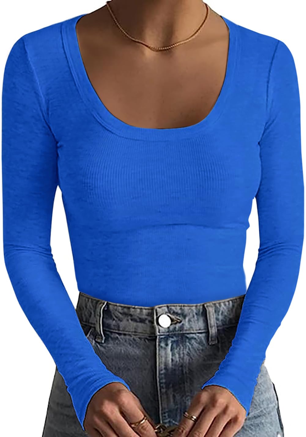 Basicspace Damen Gerippte Tops Schlank Hautfreundlich Basic T Shirt Einfarbig Tops Sexy Dehnbar Lässig Tief U Hals T Shirt Modisch Vielseitig Langarm Shirt