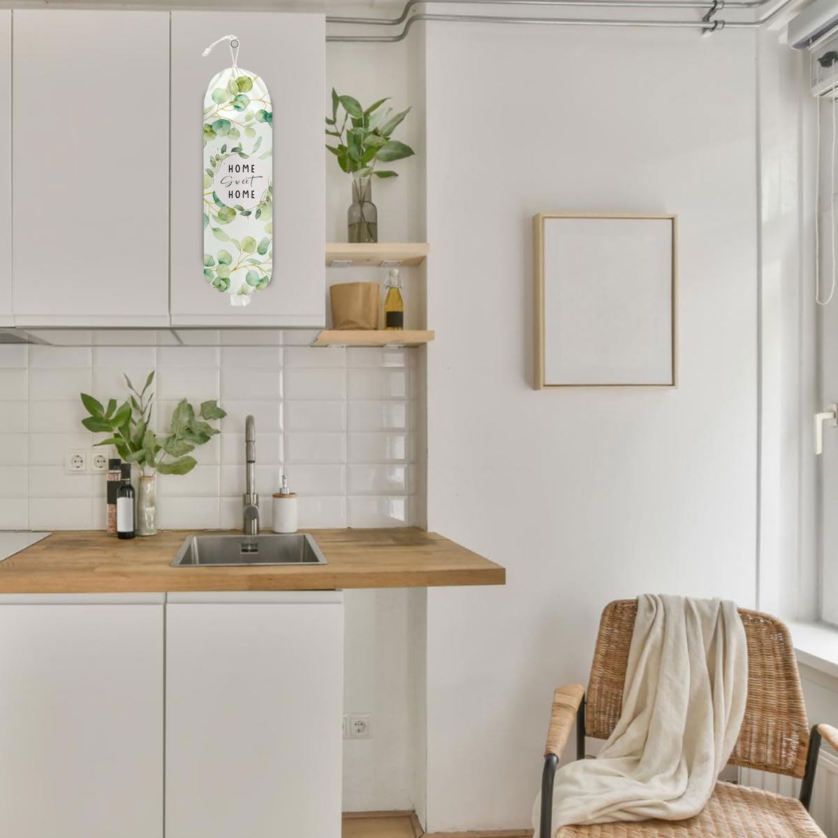 Porta sacchetti di plastica con foglie di eucalipto, 50 x 22,5 cm, supporto da parete per sacchetti della spesa per sacchetti di plastica, dispenser riutilizzabile, decorazione per la casa, cucina