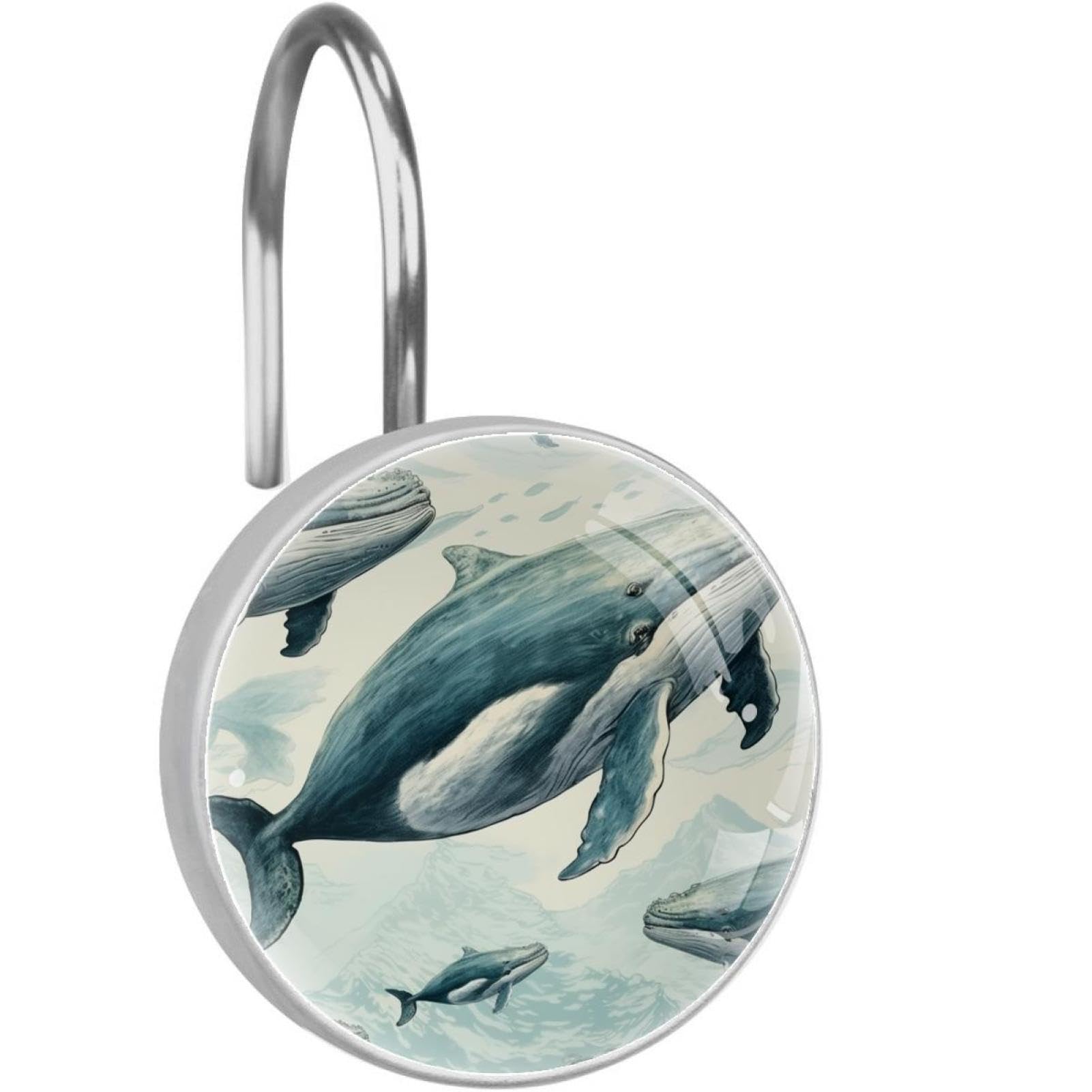 Ganchos para cortina de ducha de ballena azul retro de cristal, juego de 12 anillos de baño