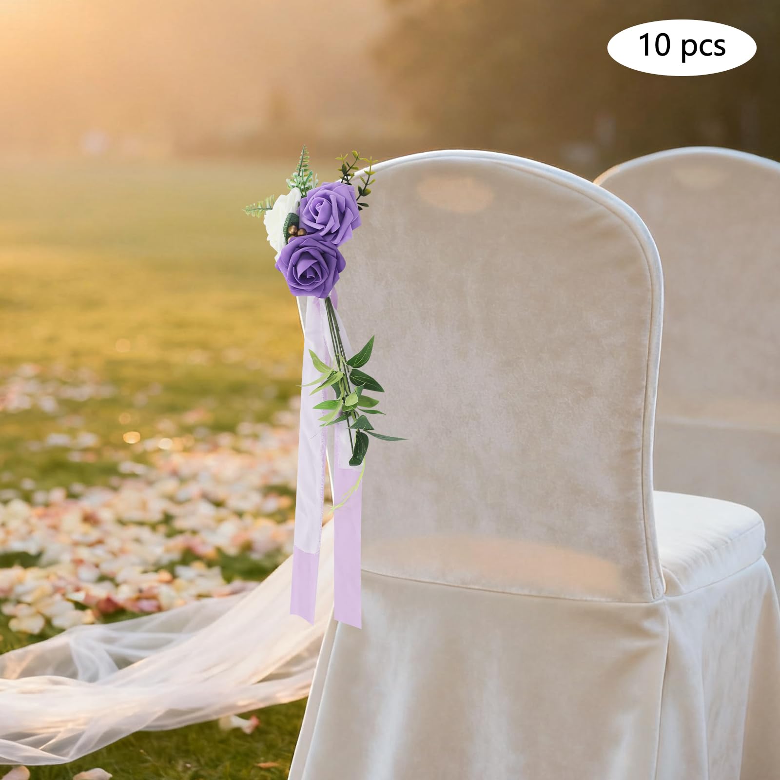 10 PCS Hochzeit Stuhl Blumenschmuck | Blumenschmuck mit Bändern für die Hochzeit Zeremonie Stuhlschleife Dekoration 75cm Für Hochzeitstisch Tischdeko Event Party ﻿ (Weiß+Grün+Violett)