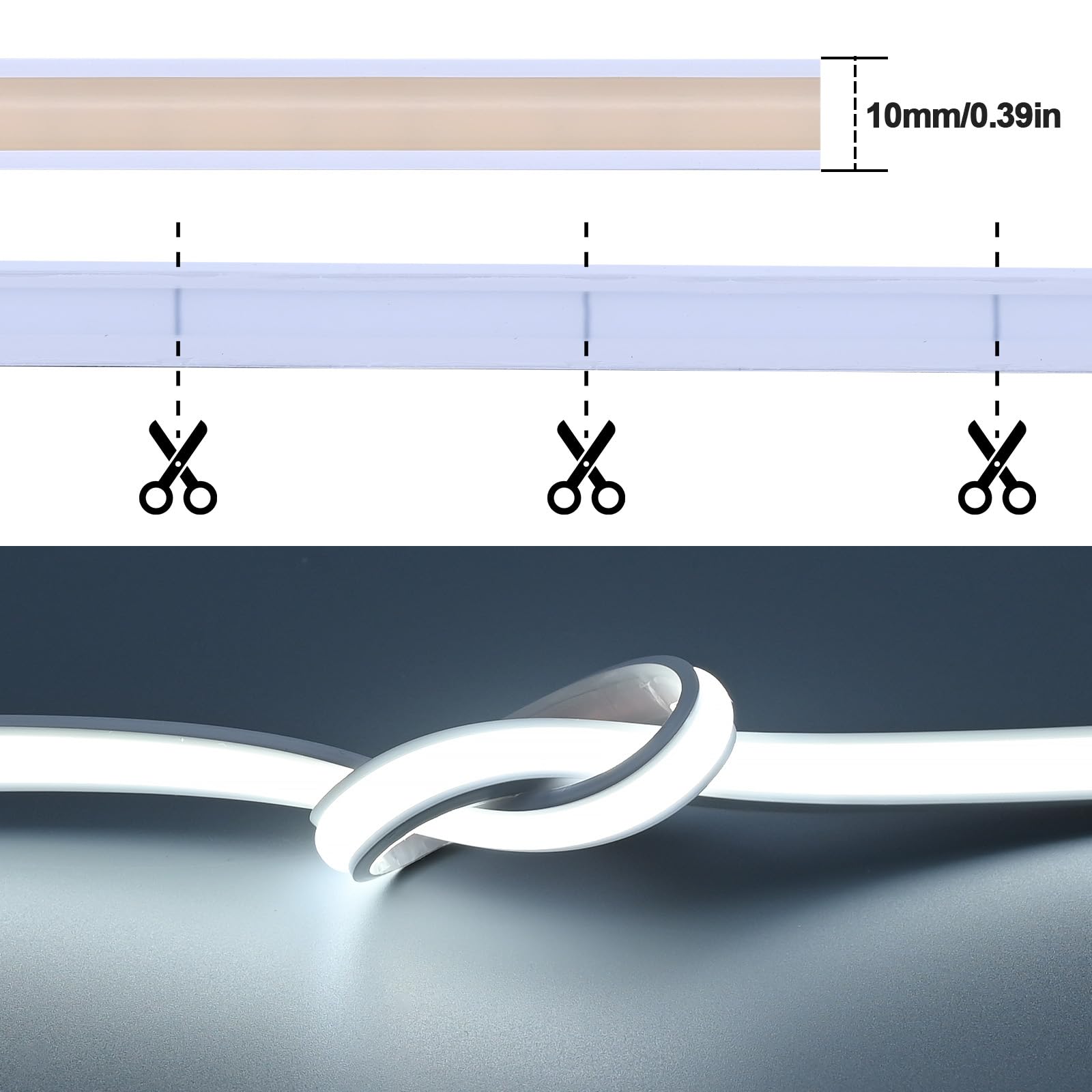 GOMING Taśma LED COB Neon 24V 10M Chłodna Biel 6000K IP67 Wodoodporny CRI 93+ 312LED/M 11W/M 6300lm Jednolite Światło Elastyczny Samoprzylepna Paski LED dla DIY Dekoracja Domu(Zasilacz nie Dołączony) | CRI 93+ 6300lm 11W/M Jednolity blask Elastyczna samop
