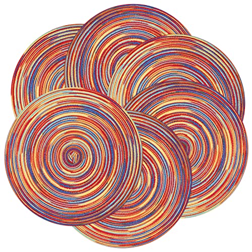 Image of SHACOS Round Braided Placemats Set of 8 Washable 15 inch Round Table Mats Colorful Variegated Woven Place Mats for Dining Table (Rainbow Red, 8)