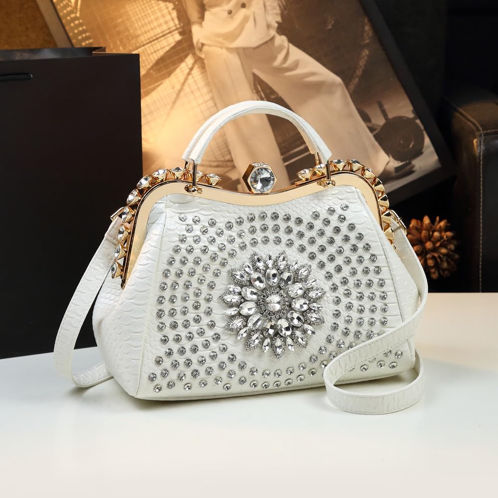 Luxury Fashion Diamonds Bag For Women Leather Top Handle Satchel Handbags Clip Rhinestone Purses Tote Shoulder Crossbody Bags (White)