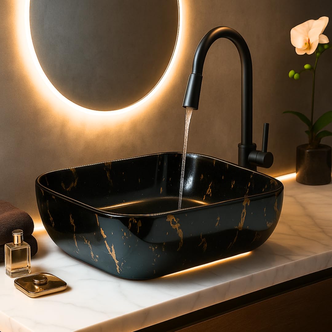 HISRE Table Top Wash Basin For Bathroom | Over Counter Top Wash Basin For Living Room | Washbasin Countertop | Tabletop Ceramic Bathroom Kitchen Sink (45 x 33 x 13 CM) (Black- SKTPR1024)