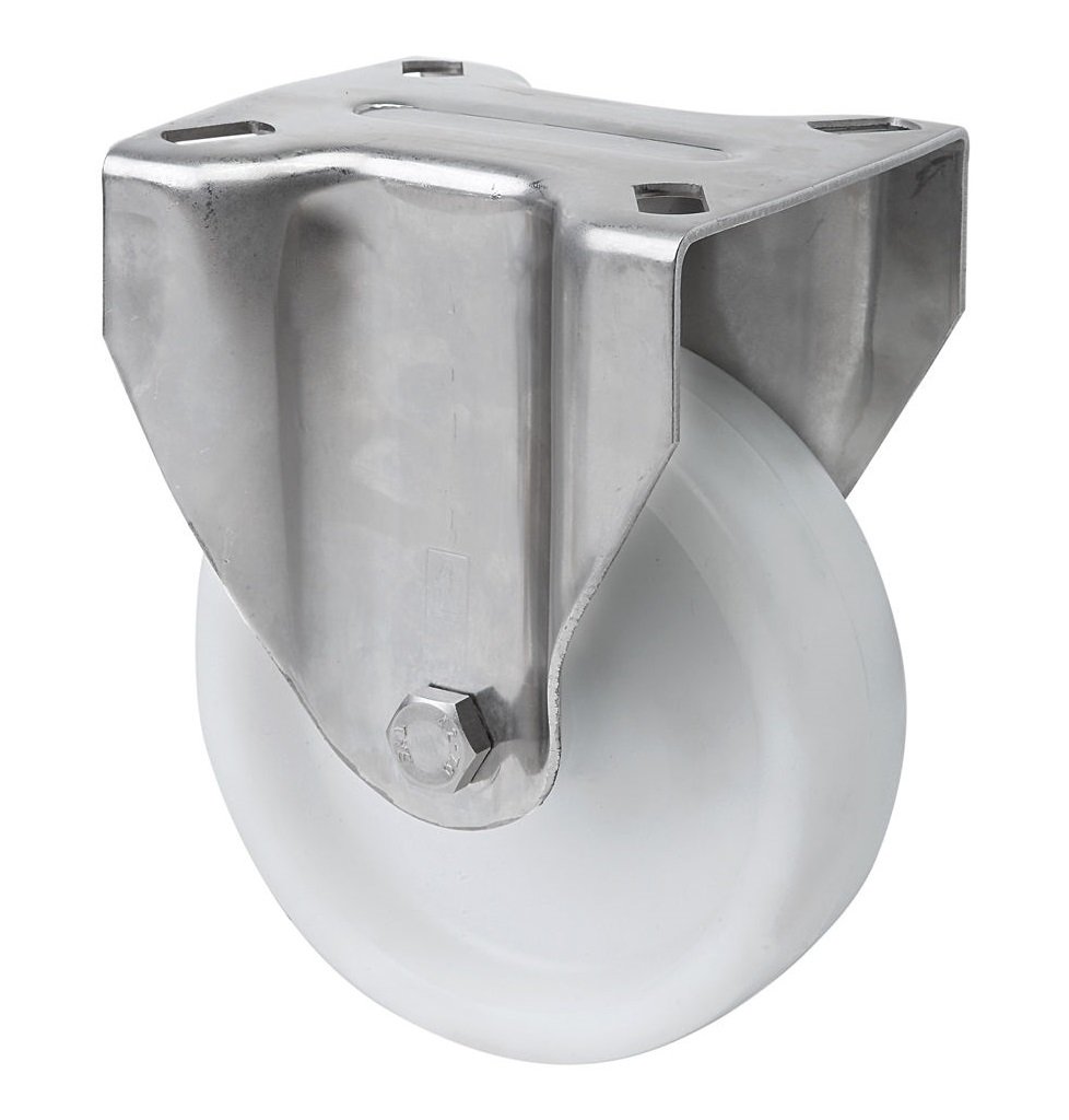 Satz je 2 Transportgeräterolle Bockrolle Lenkrolle totalfeststellbar Edelstahl 80 mm Rad aus Polyamid Anschraubplatte V2A INOX Edelstahlrolle mit Totalfeststeller Bremse Polyamidrad