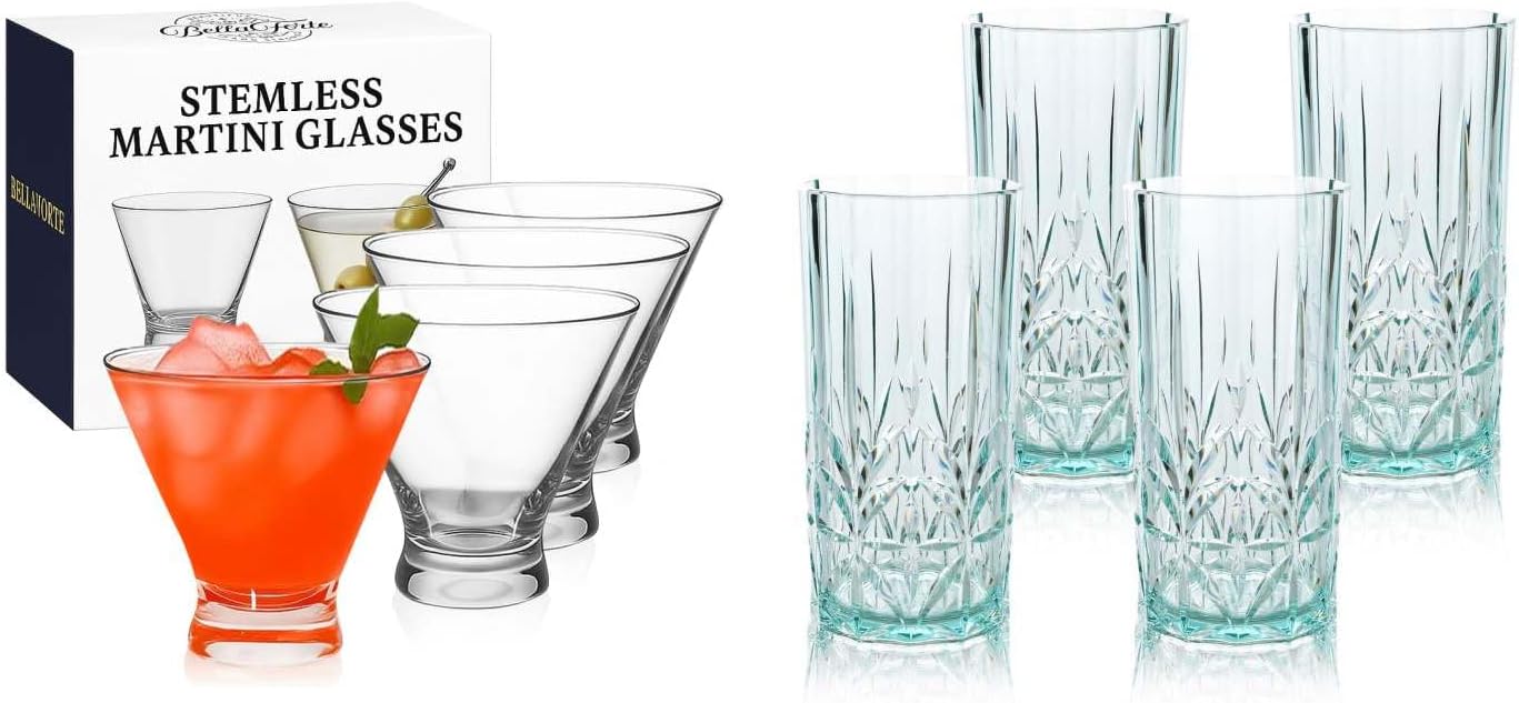 BELLAFORTE Unbreakable Drinkware Bundle – Set of 8 Tritan Plastic Glasses (4x 18oz Tall Tumblers + 4x 10oz Stemless Martini Glasses) – Shatterproof, BPA-Free, Dishwasher Safe