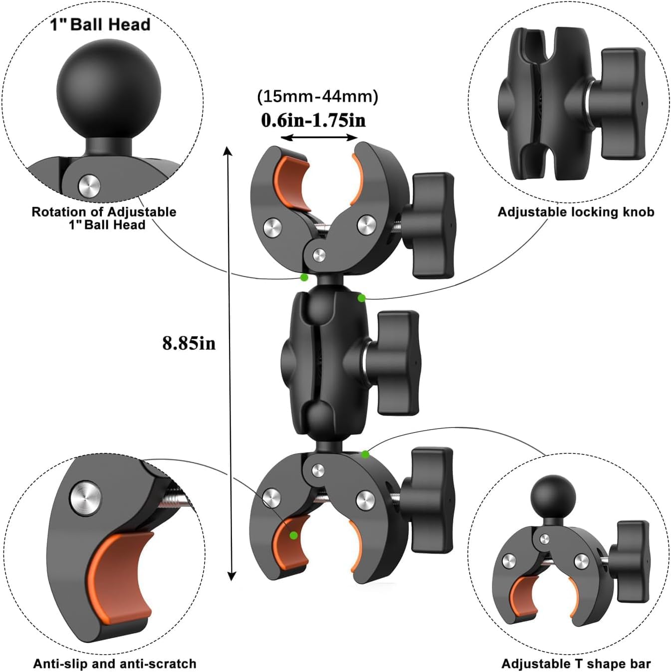 UNSTINCER 3 in 1 Supporto Action Camera per tubo 15-44mm, Super Morsetto 1/4"-20 Vite e adatta per Gopro, Attacco per DJI Insta360 ombrello treppiede bici moto manubrio,Doppia Staffa a Clip Porta