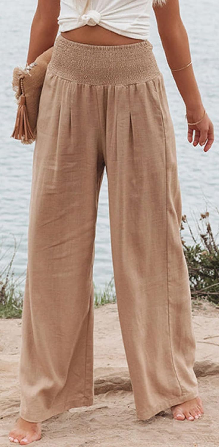CHARTOU Women's Lightweight Smocked High Waist Straight Leg Cotton Linen Palazzo Beach Pants - Image 2