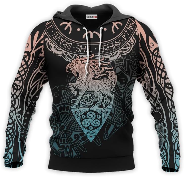 Viking Tatoo Hoodie Men’s Long Sleeve Graphic 3D Print Pullover Hooded Viking Apparel Sweashirt Hoodies