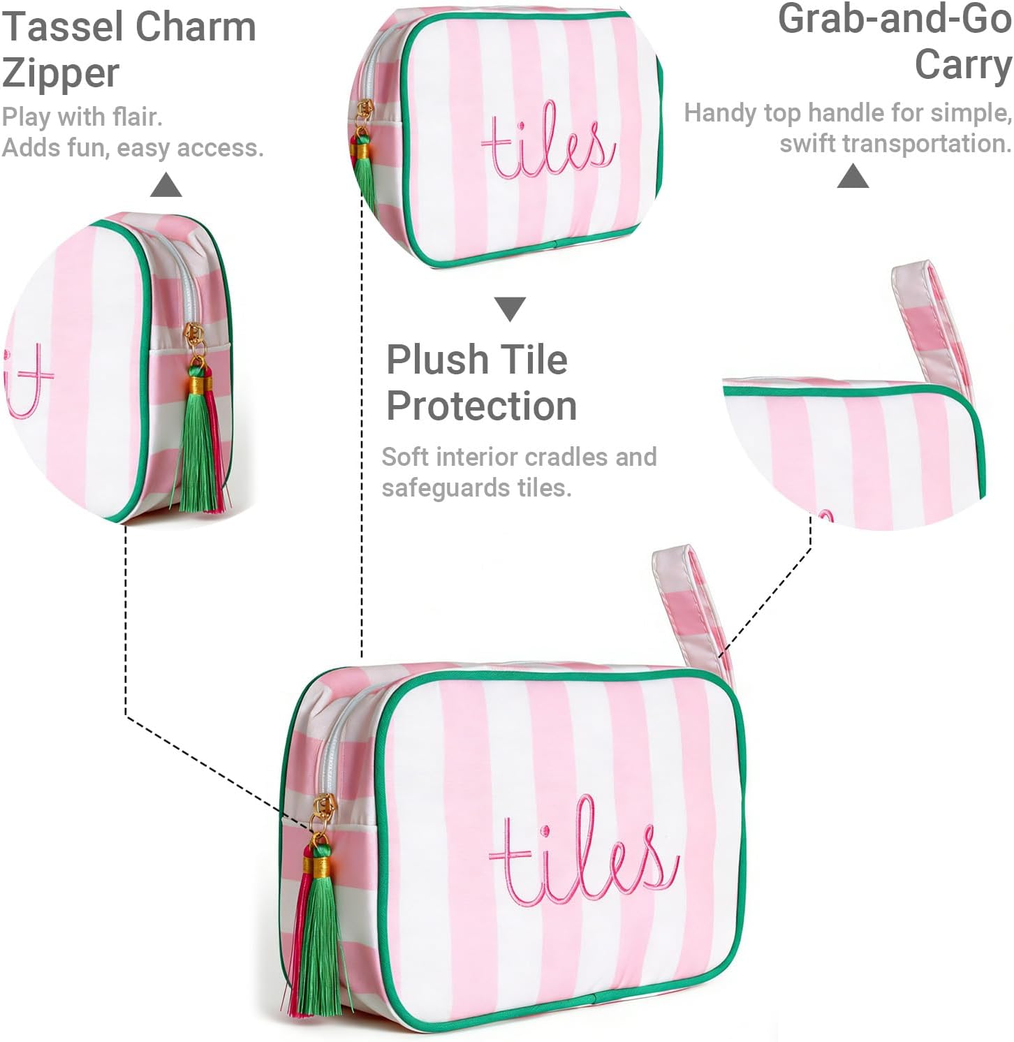 Mahjong Tile Bag with Handle - Stylish Pink & White Striped Case for 166 American Tiles (1.2"), Embroidered Design with Plush Interior & Tassel Zipper, Travel Organizer (Bag Only, Tiles Not Included)